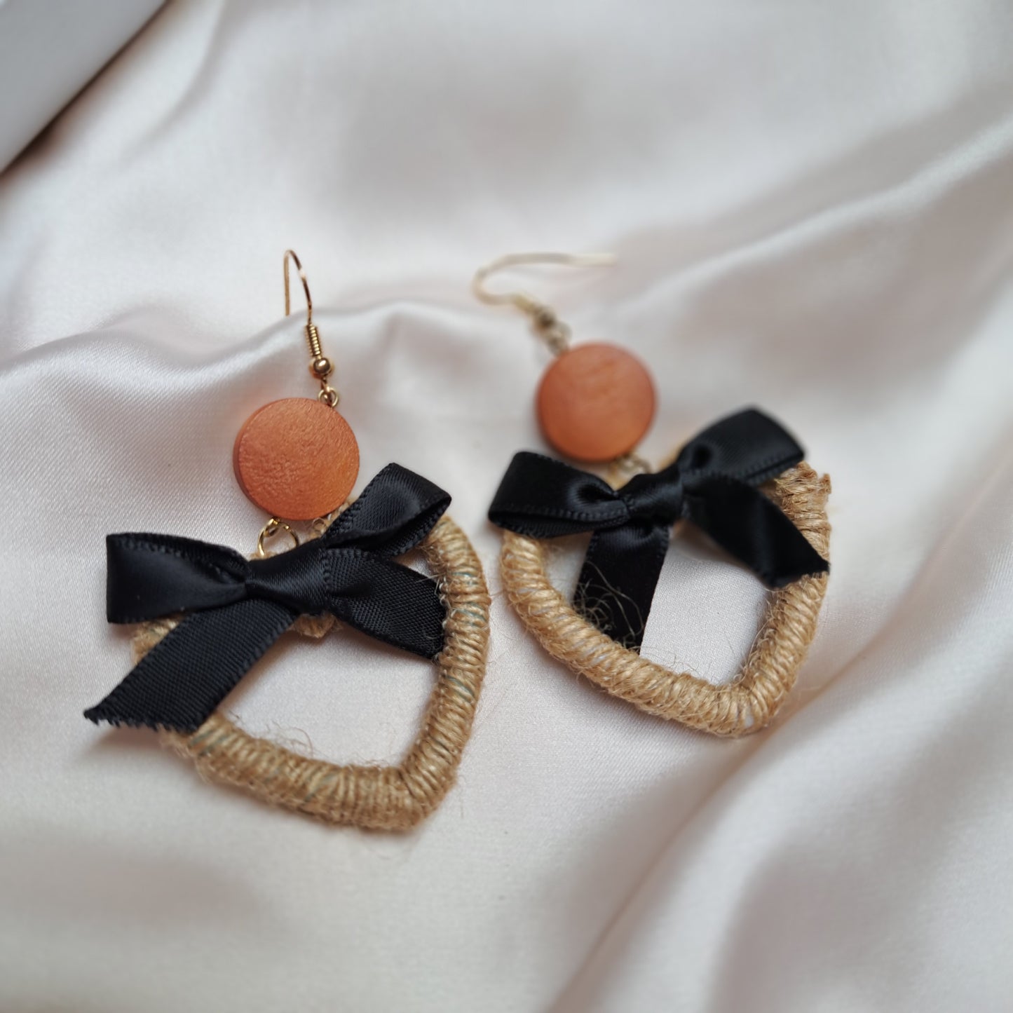 Jute Heart and Silk Bow Earrings