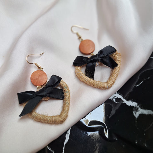 Jute Heart and Silk Bow Earrings