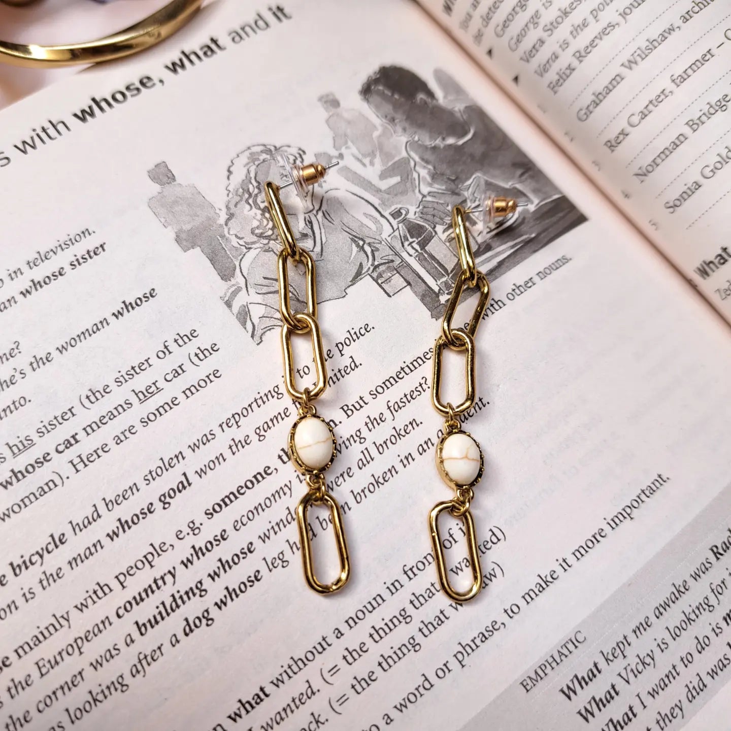 Long Gold Earrings with White Stone