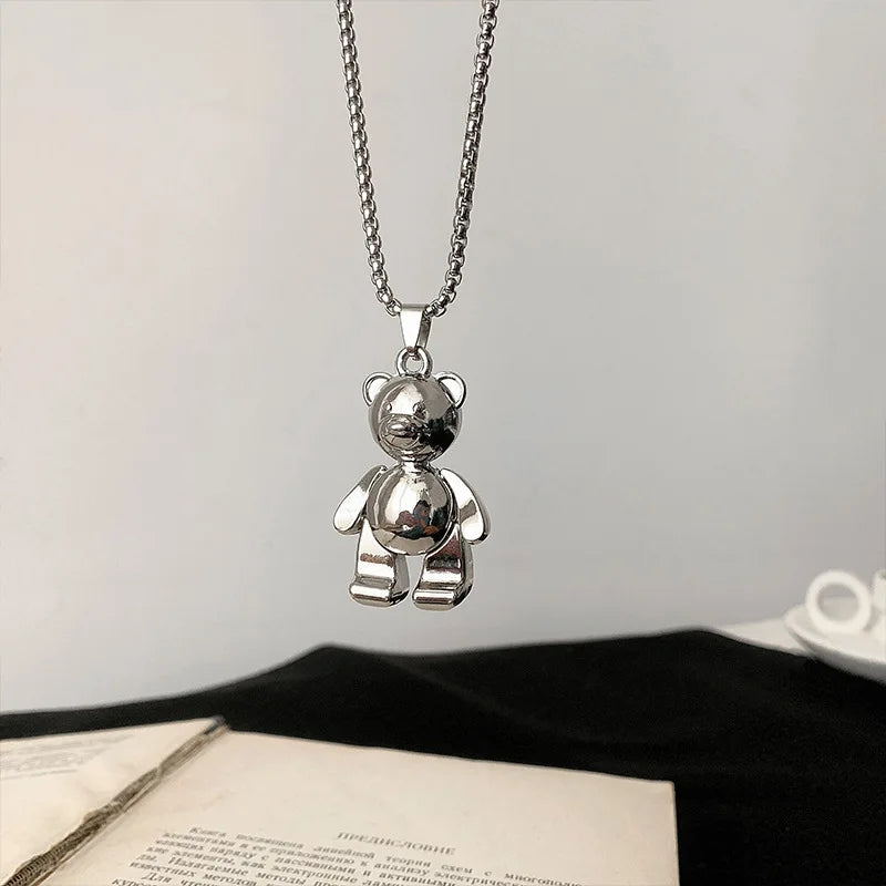 Teddy Bear Necklace Unisex Long Silver Chain  (Stainless Steel)