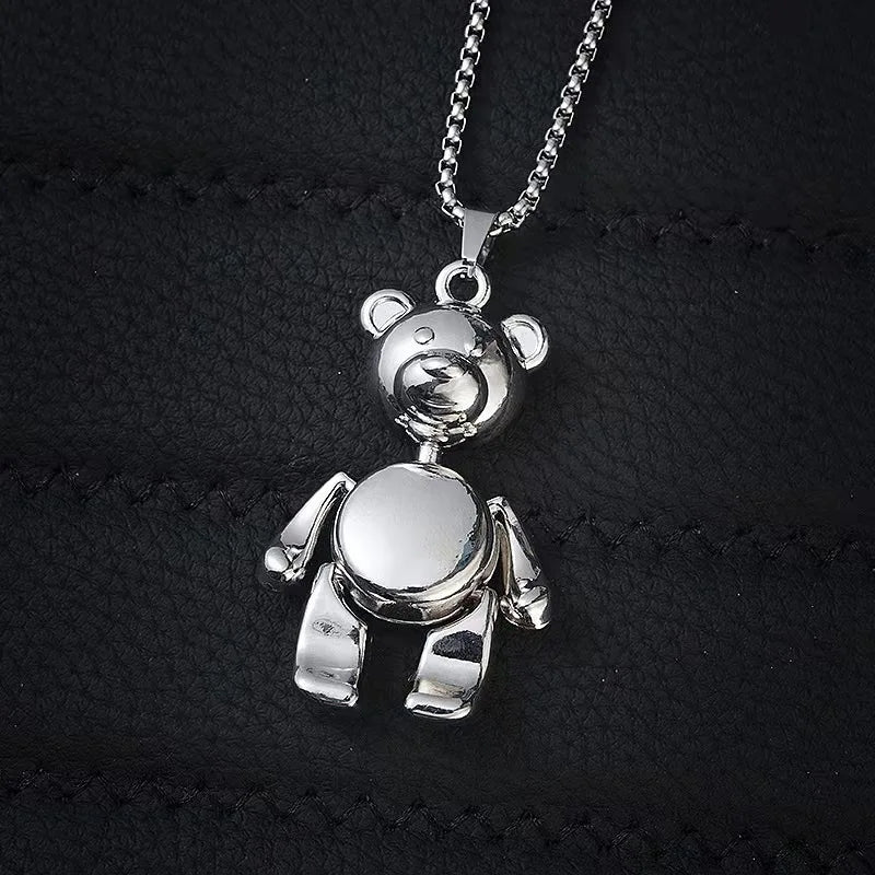 Teddy Bear Necklace Unisex Long Silver Chain  (Stainless Steel)