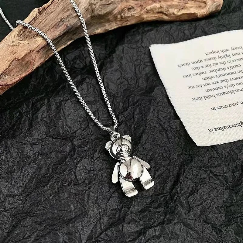 Teddy Bear Necklace Unisex Long Silver Chain  (Stainless Steel)