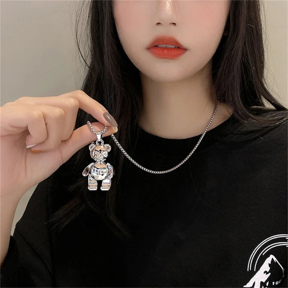 Teddy Bear Necklace Unisex Long Silver Chain  (Stainless Steel)