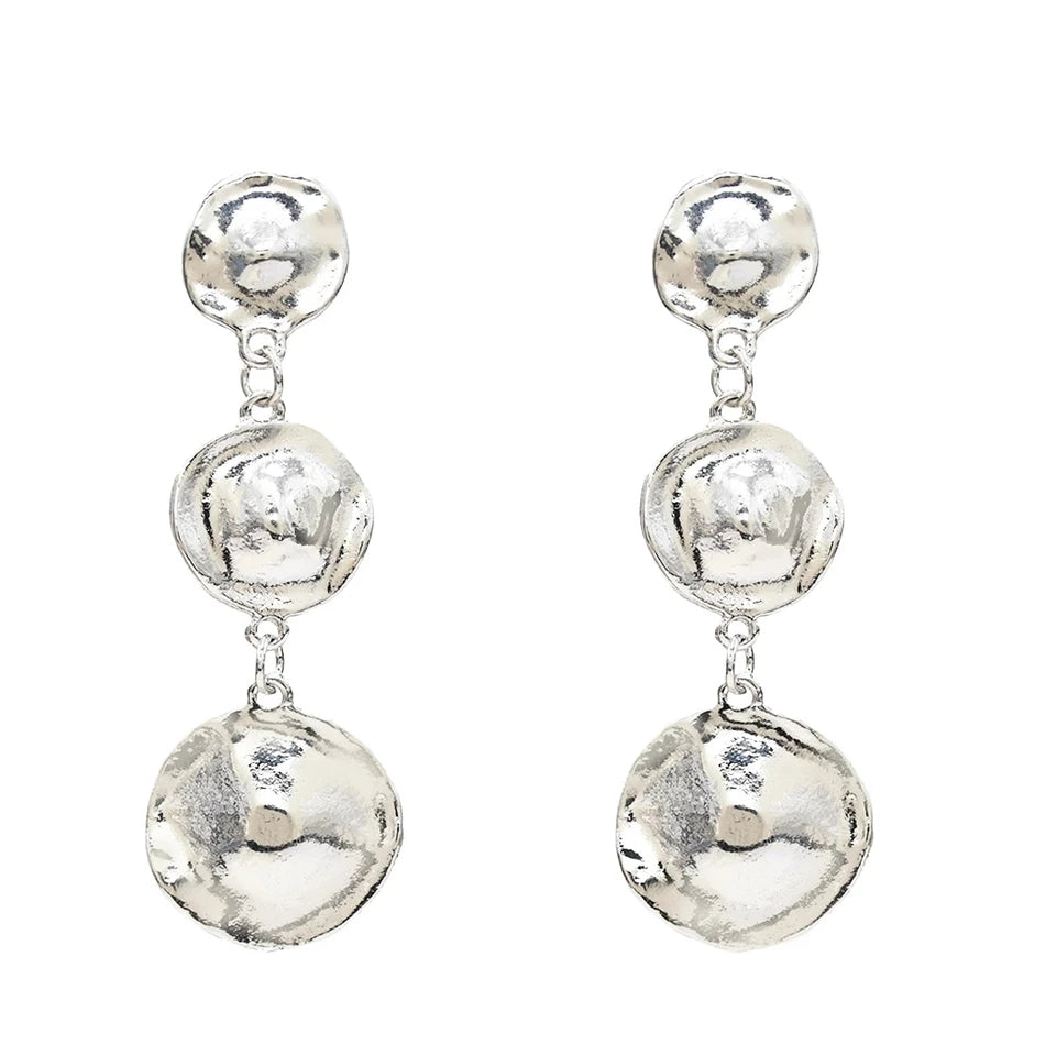 Silver Disk Long Dangle Earrings