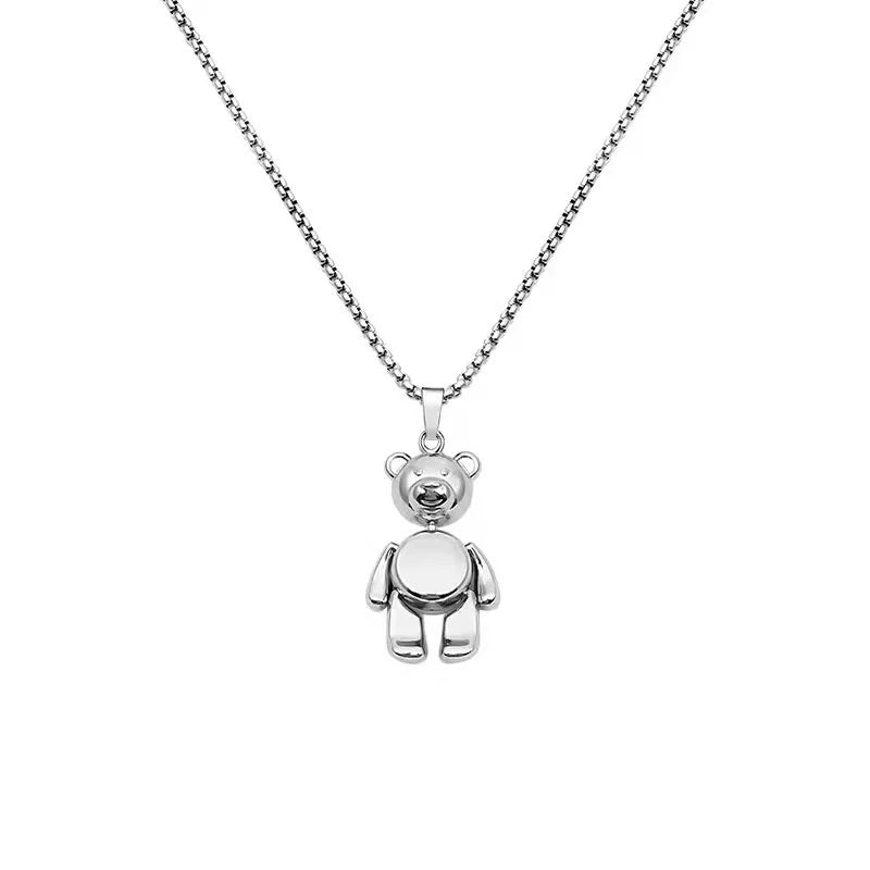 Teddy Bear Necklace Unisex Long Silver Chain  (Stainless Steel)